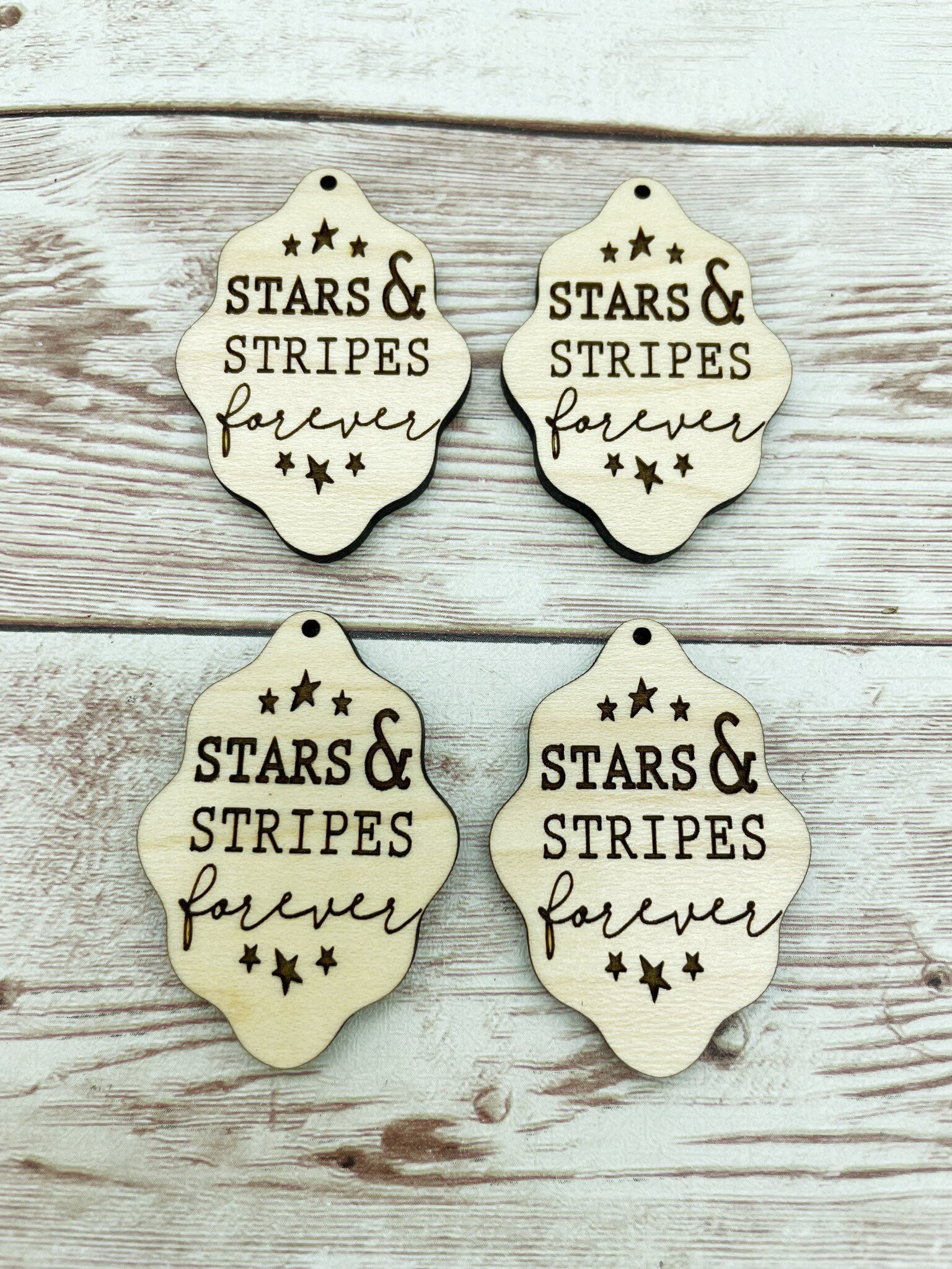 Wood Engraved Stars and Stripes Forever Earring Blanks, Finished Maple Blank, DIY Jewelry Making