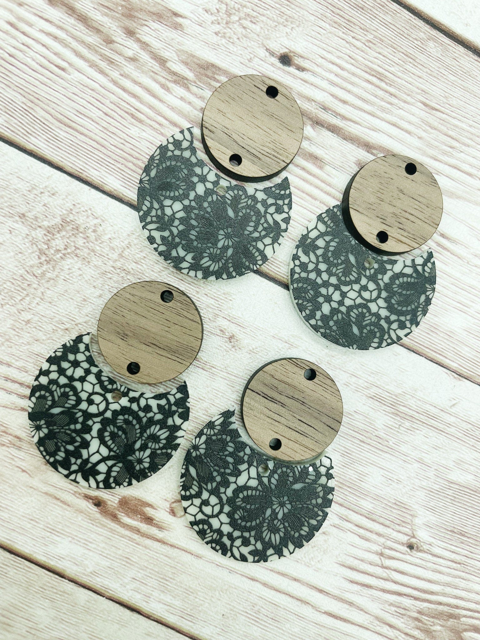 Patterned Ivory and Black Lace Acrylic and Wood Circle Set Earring Blanks, DIY Jewelry Making