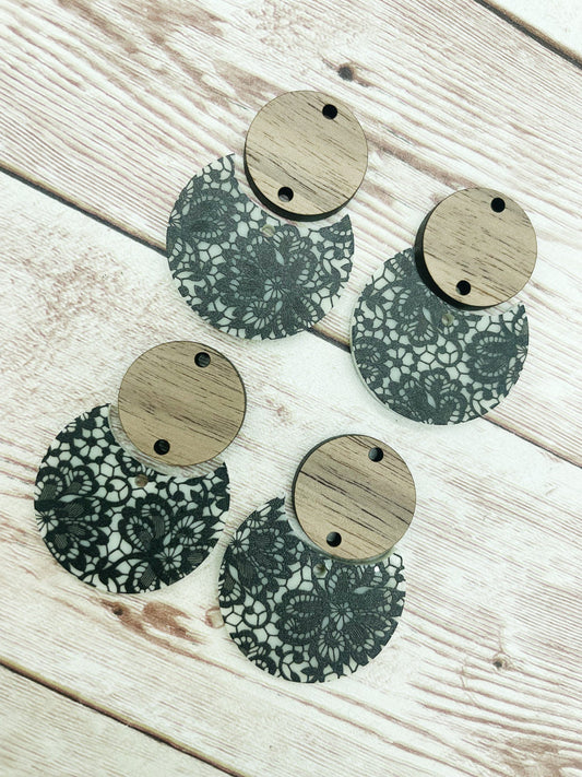 Patterned Ivory and Black Lace Acrylic and Wood Circle Set Earring Blanks, DIY Jewelry Making