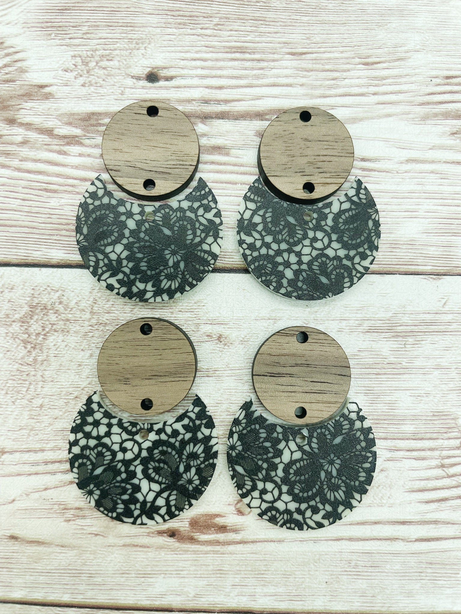 Patterned Ivory and Black Lace Acrylic and Wood Circle Set Earring Blanks, DIY Jewelry Making