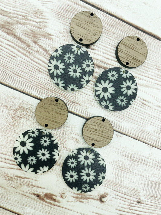 Patterned Ivory and Black Acrylic and Wood Circle Set Daisy Flower Print Earring Blanks, DIY Jewelry Making