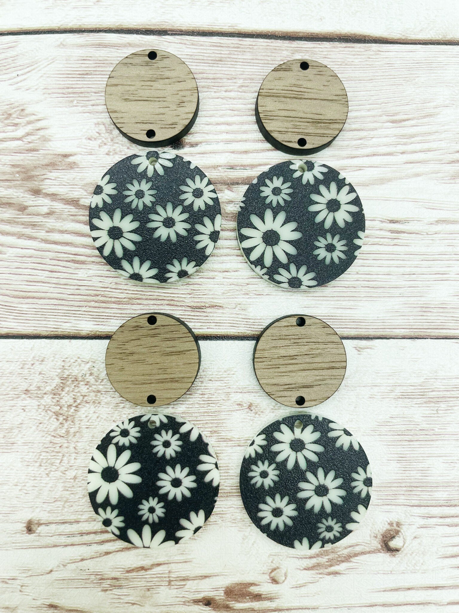 Patterned Ivory and Black Acrylic and Wood Circle Set Daisy Flower Print Earring Blanks, DIY Jewelry Making