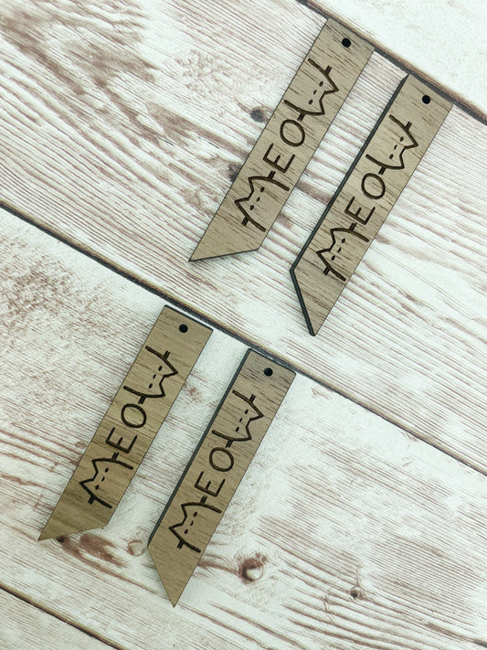 Wood Bar Engraved Cat Meow Earring Blanks, Finished Walnut Blank, DIY Jewelry Making