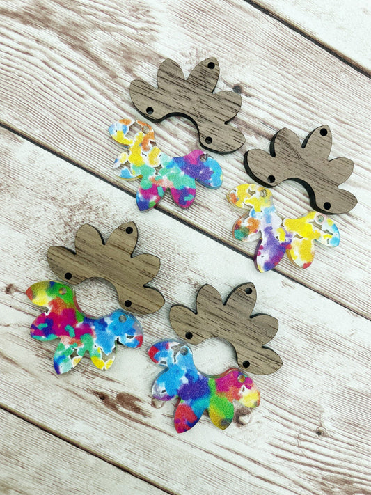 Patterned Multicolor Flower Petal Acrylic and Wood Set Earring Blanks, DIY Jewelry Making