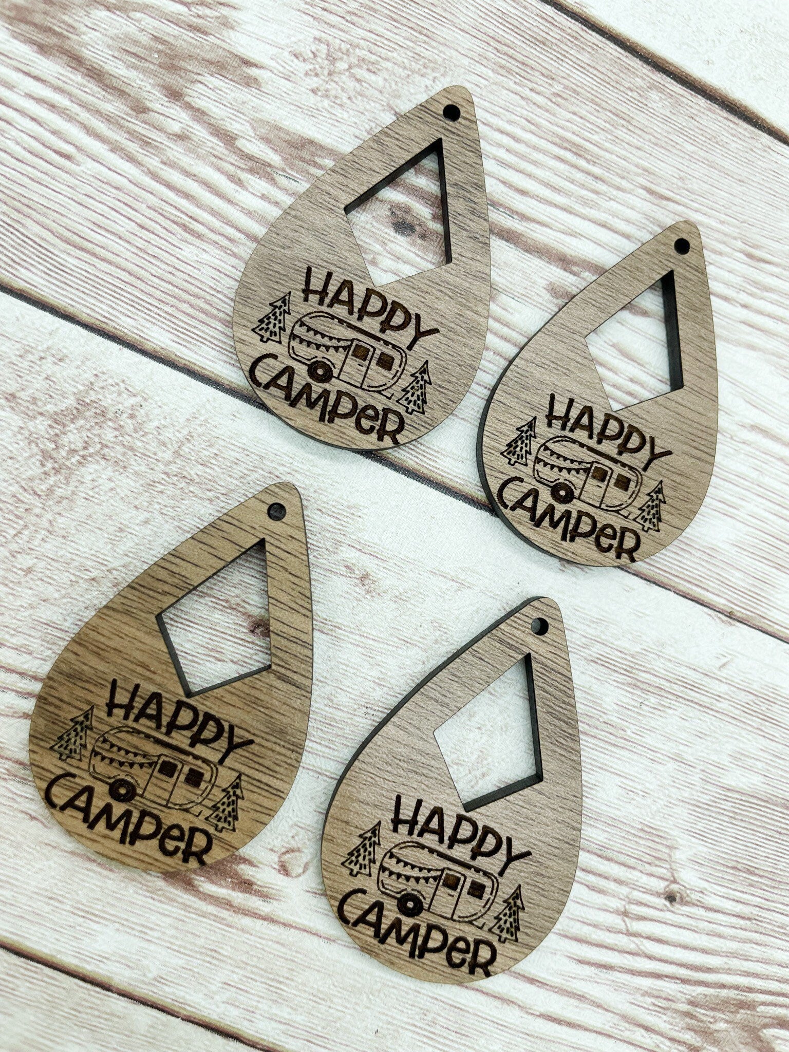 Wood Engraved Happy Camper Earring Blanks, Finished Walnut Blank, DIY Jewelry Making
