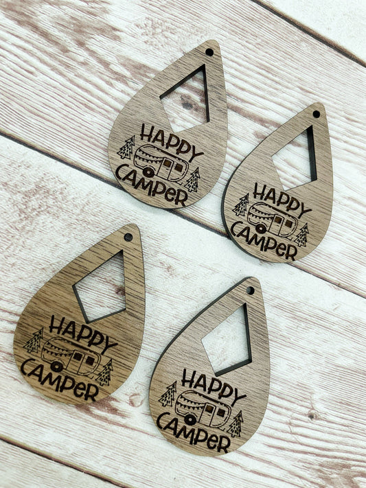 Wood Engraved Happy Camper Earring Blanks, Finished Walnut Blank, DIY Jewelry Making
