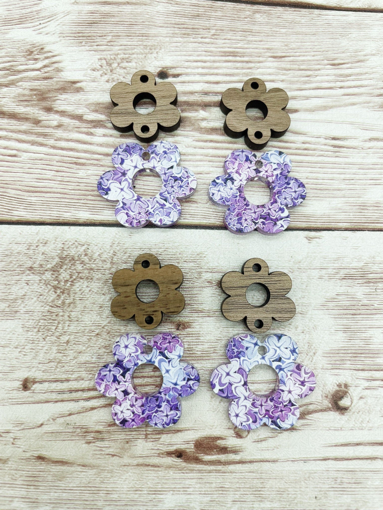 Patterned Lilac Acrylic and Wood Flower Connector Set Earring Blanks, DIY Jewelry Making