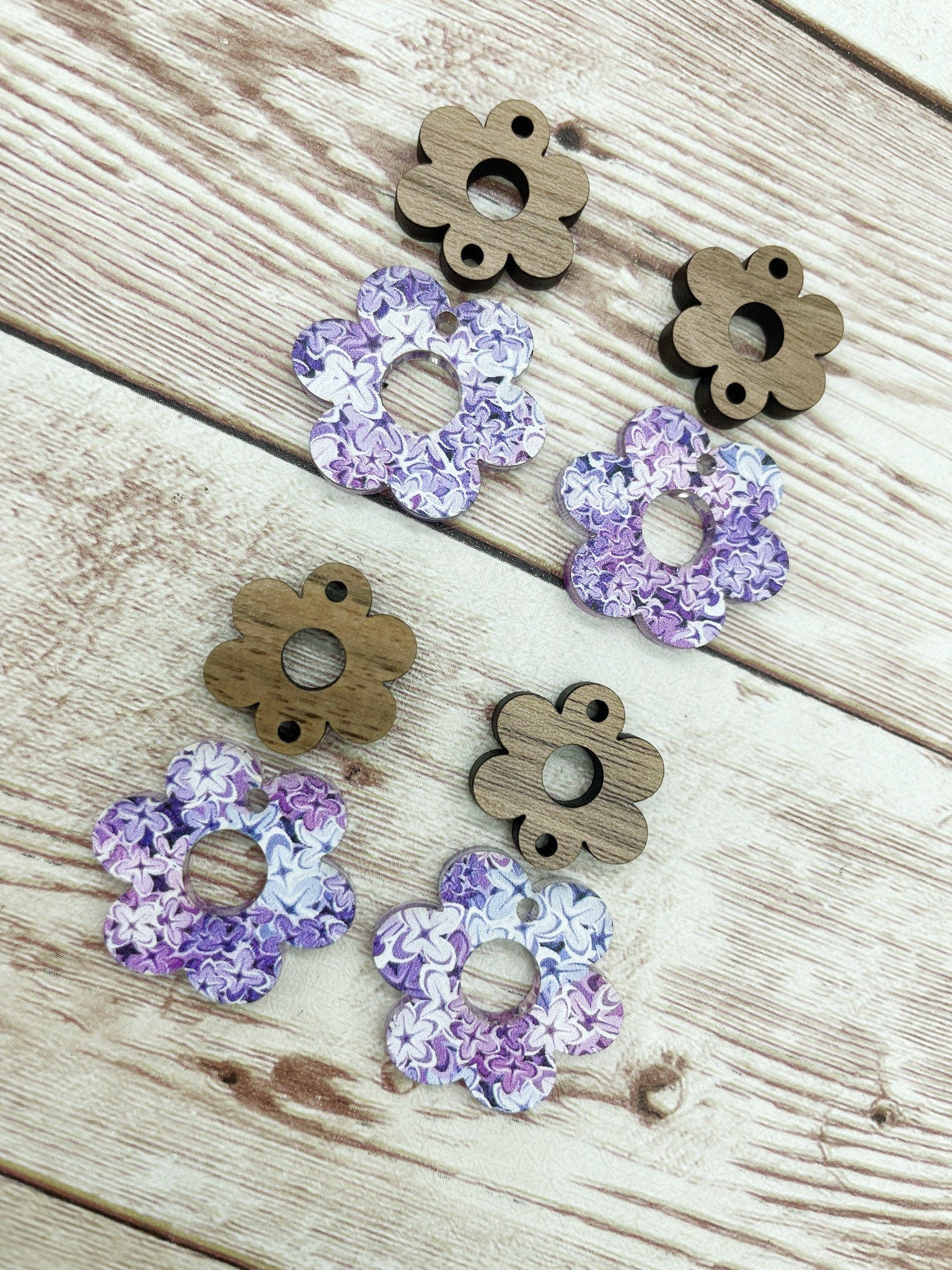 Patterned Lilac Acrylic and Wood Flower Connector Set Earring Blanks, DIY Jewelry Making