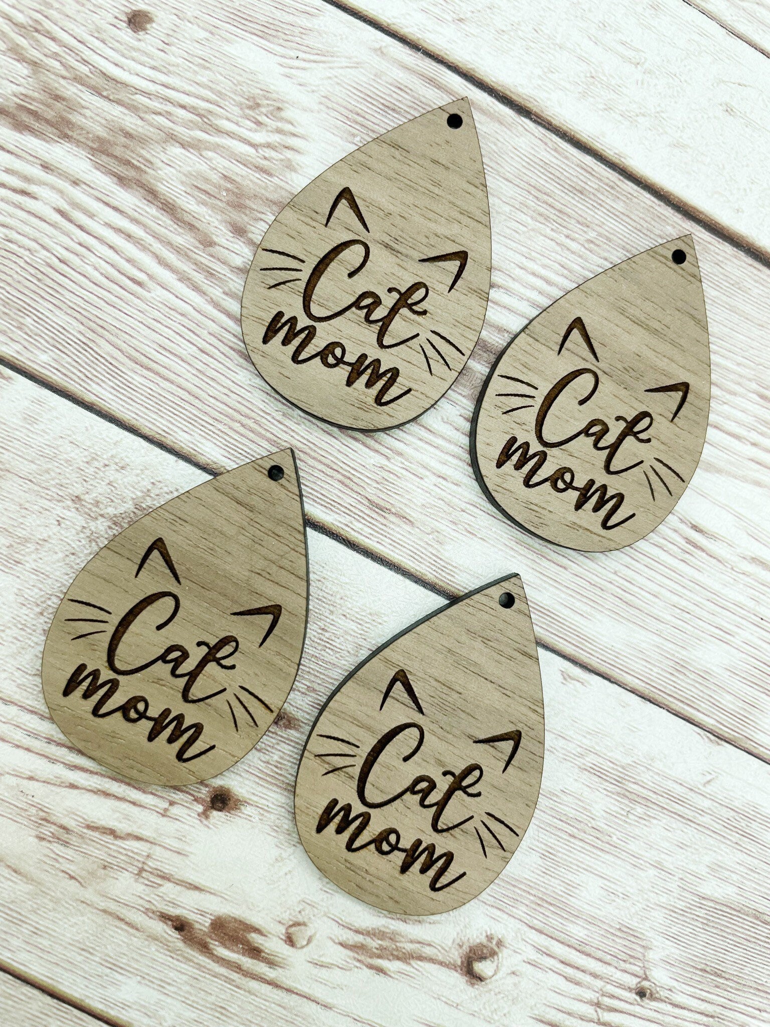 Wood Teardrop Engraved Cat Mom Earring Blanks, Finished Walnut Blank, DIY Jewelry Making