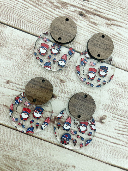Patterned 4th of July Patriotic Gnome Acrylic and Wood Circle Set Earring Blanks, DIY Jewelry Making