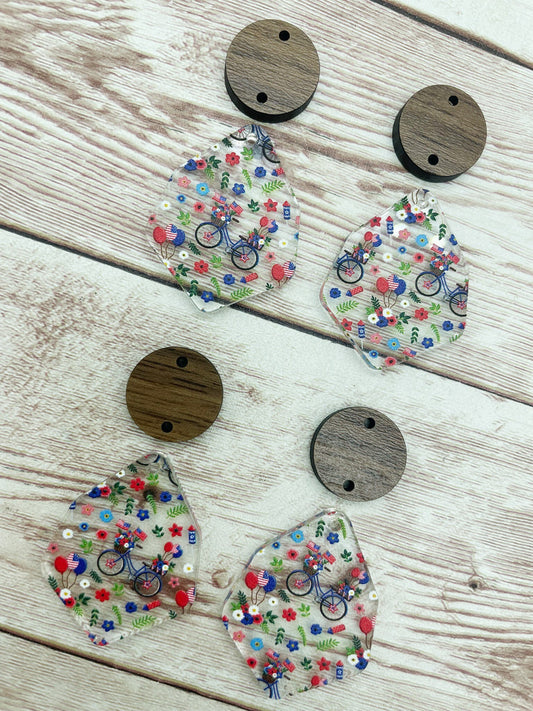 Patterned Patriotic Bicycle 4th of July Acrylic and Wood Circle Set Earring Blanks, DIY Jewelry Making