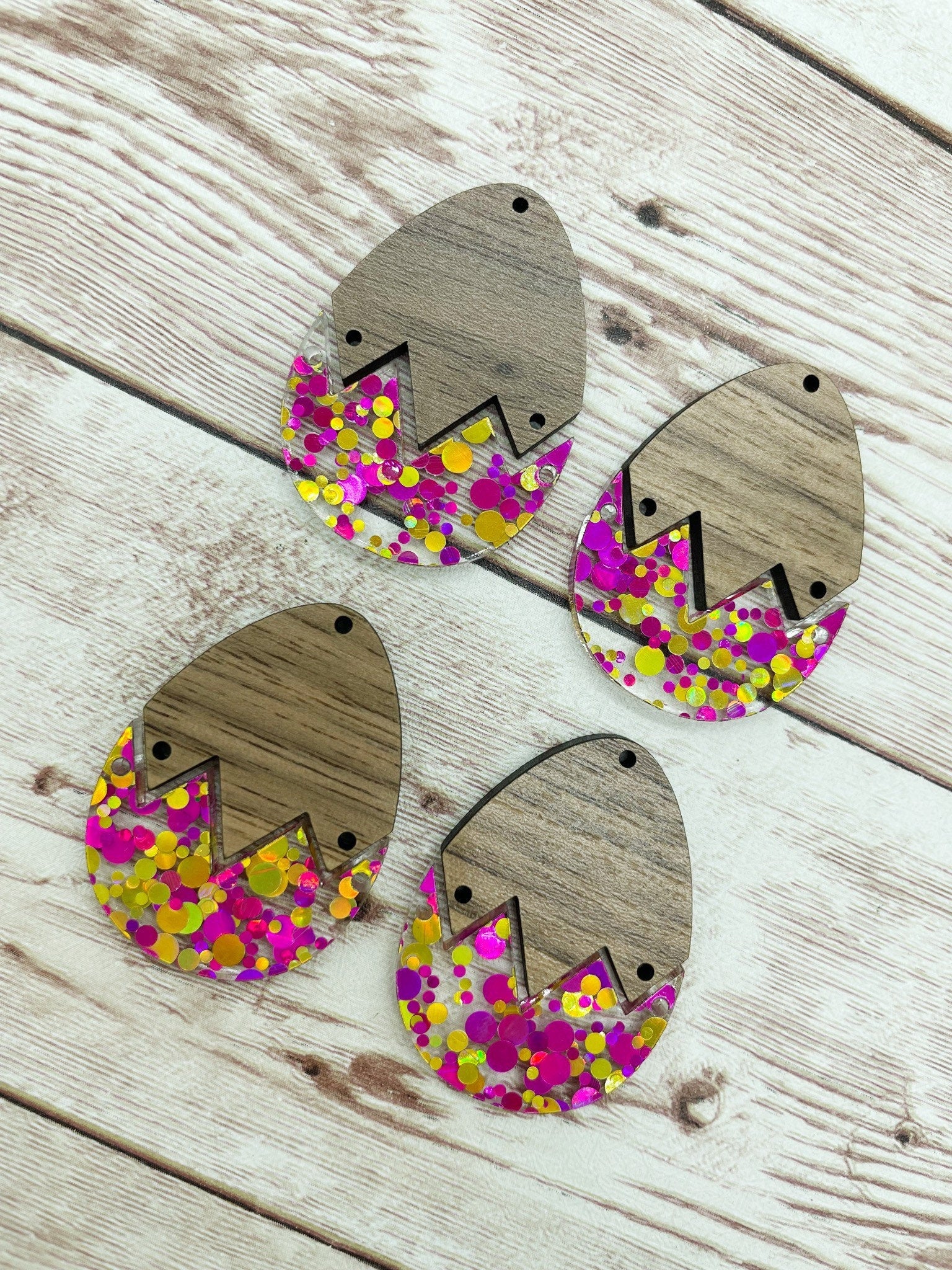 Pink Yellow Glitter Acrylic and Wood Easter Egg Set Earring Blanks, DIY Jewelry Making