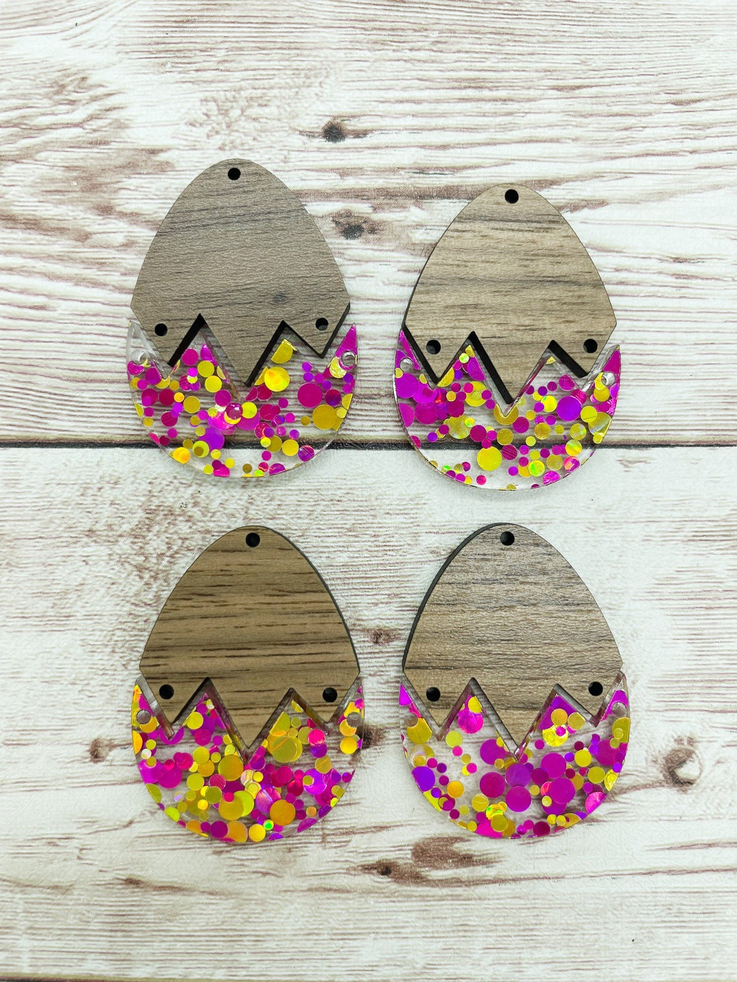 Pink Yellow Glitter Acrylic and Wood Easter Egg Set Earring Blanks, DIY Jewelry Making