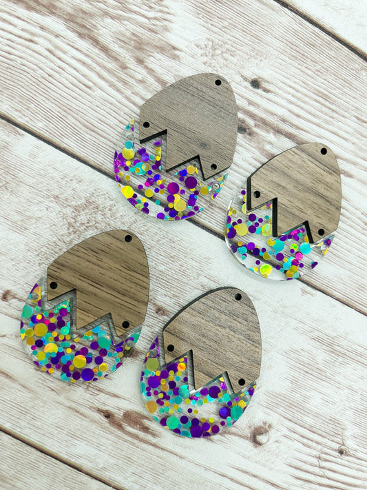 Purple Blue Yellow Glitter Acrylic and Wood Easter Egg Set Earring Blanks, DIY Jewelry Making