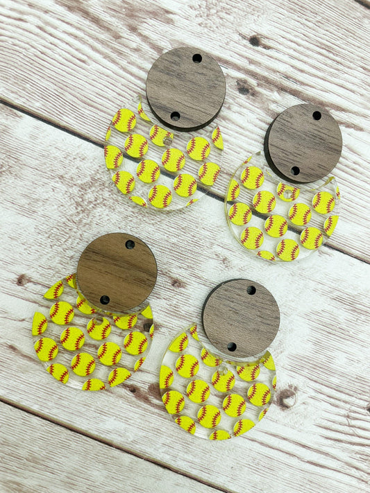 Patterned Softball Acrylic and Wood Circle Set Earring Blanks, DIY Jewelry Making
