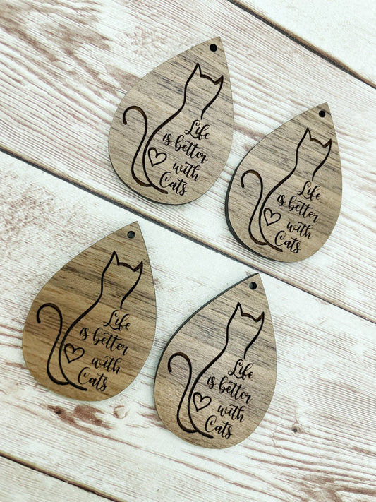 Wood Engraved Life is Better With Cats Earring Blanks, Finished Walnut Blank, DIY Jewelry Making
