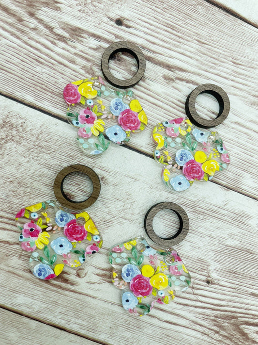 Patterned Spring Floral Scalloped Acrylic and Wood Circle Earring Blanks, DIY Jewelry Making