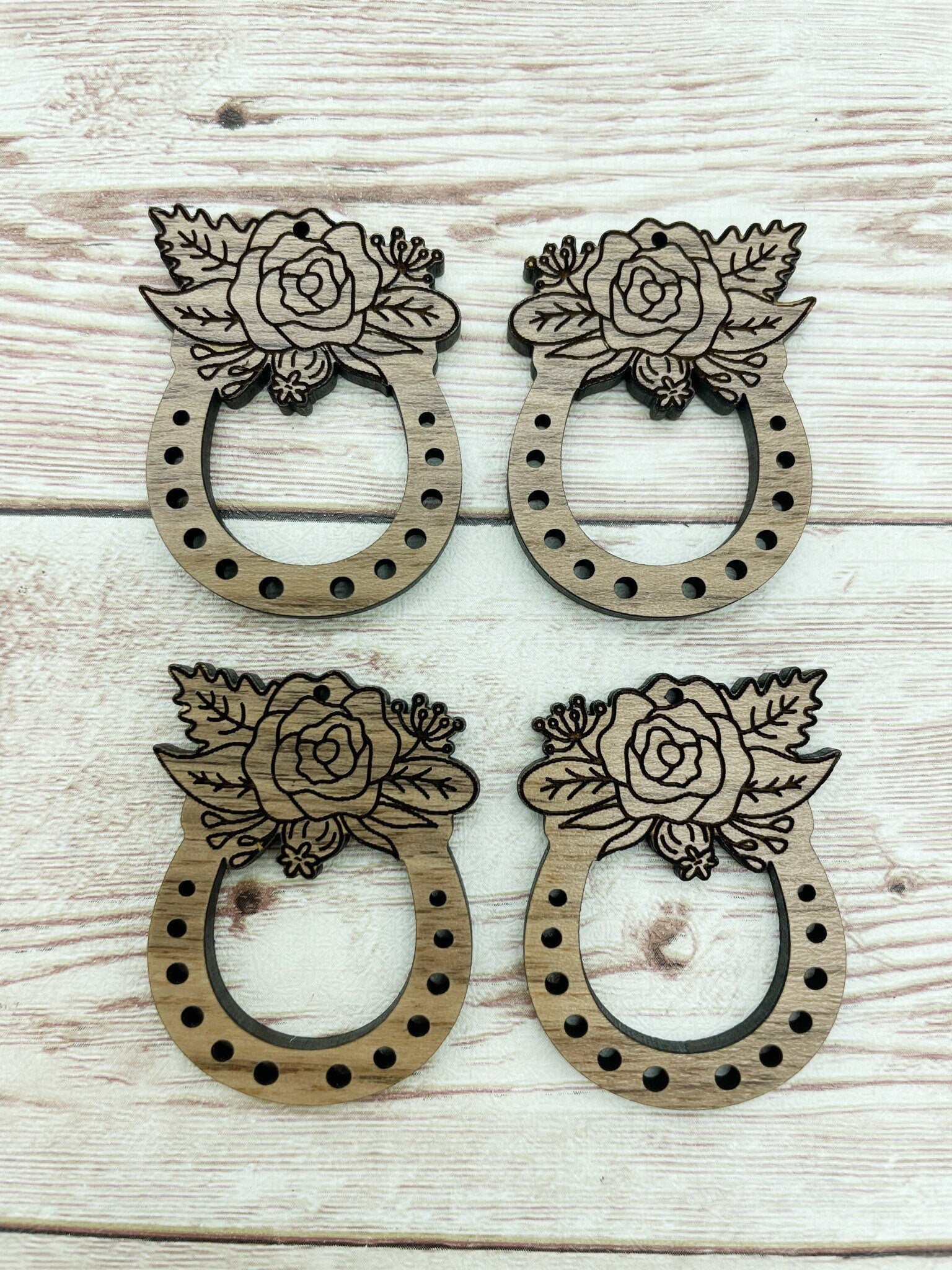 Wood Engraved Floral Horseshoe Earring Blanks, Finished Walnut Blank, DIY Jewelry Making