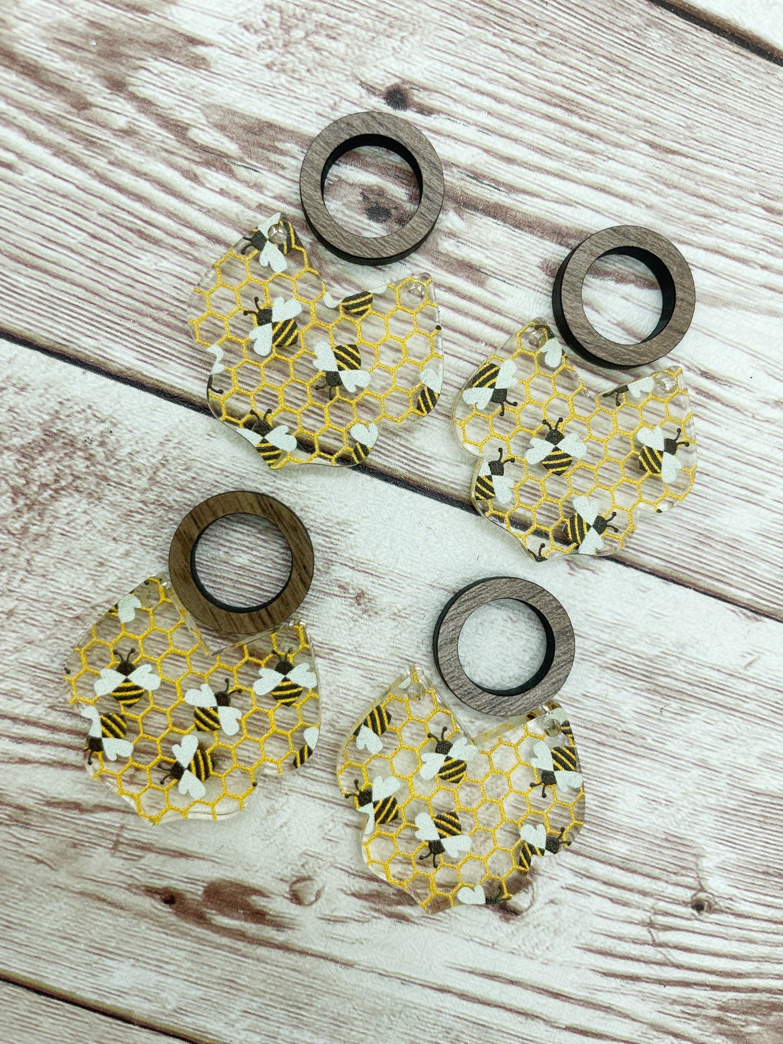 Patterned Bee Intricate Bottom Acrylic and Wood Circle Earring Blanks, DIY Jewelry Making