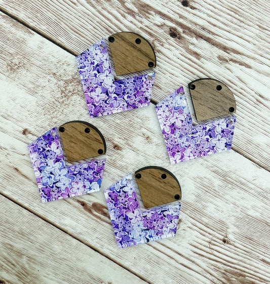 Patterned Lilac Floral Acrylic and Wood Connector Set Earring Blanks, DIY Jewelry Making