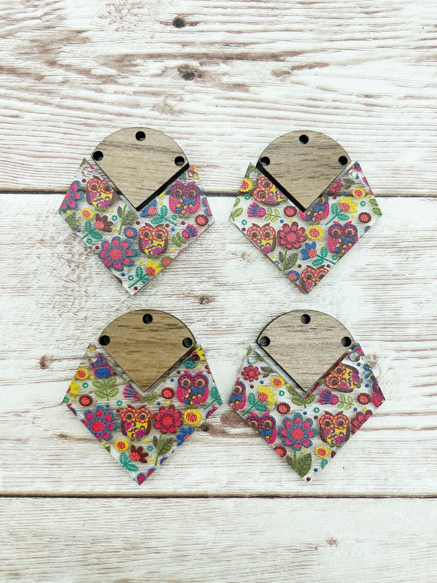 Patterned Floral Owl Acrylic and Wood Connector Set Earring Blanks, DIY Jewelry Making