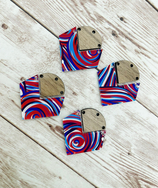 Patterned Red White Blue Swirl July Acrylic and Wood Connector Set Earring Blanks, DIY Jewelry Making