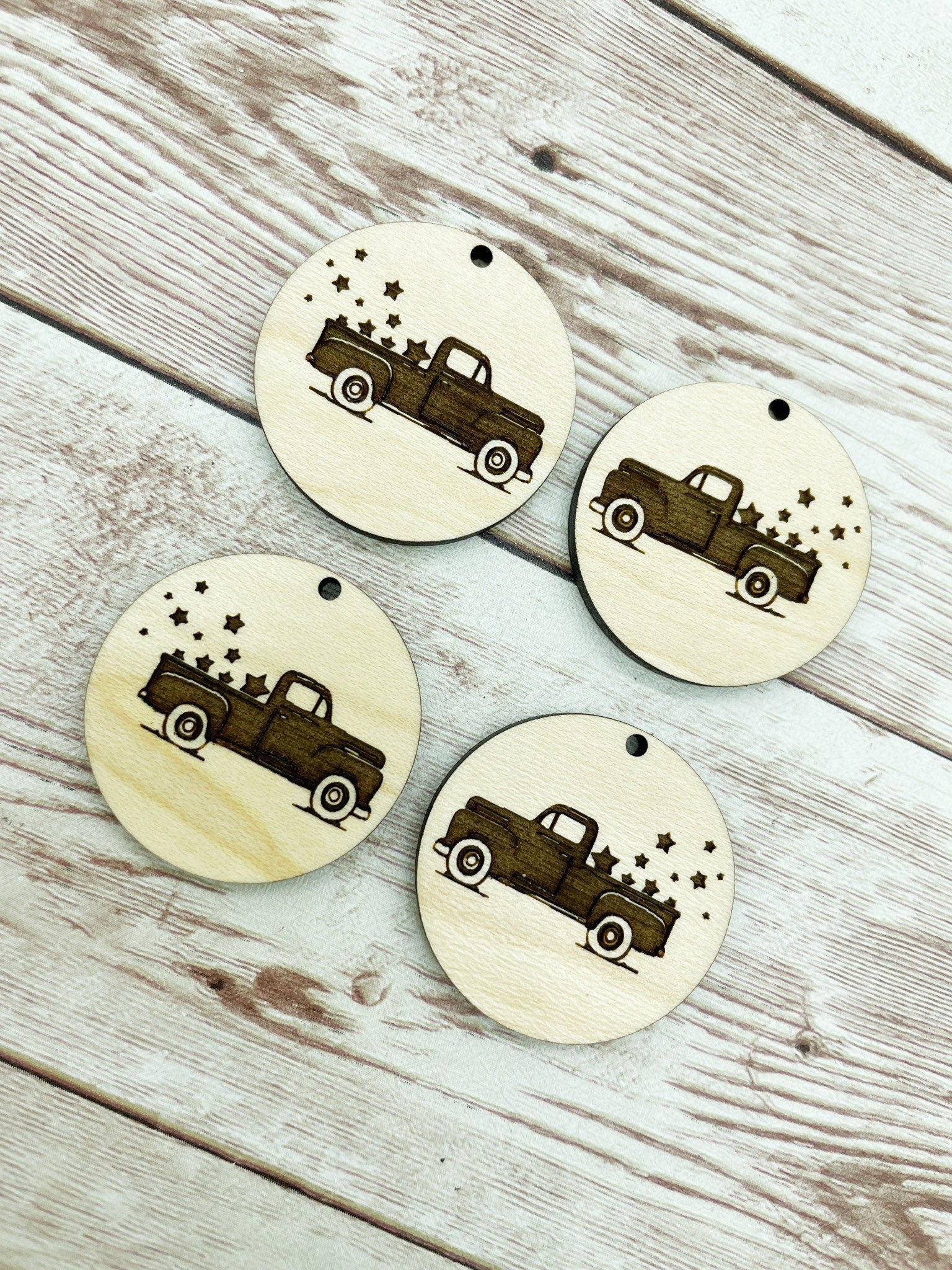 Wood Engraved July Vintage Truck Stars Earring Blanks, Finished Maple Blank, DIY Jewelry Making