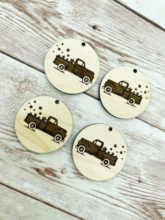 Wood Engraved July Vintage Truck Stars Earring Blanks, Finished Maple Blank, DIY Jewelry Making