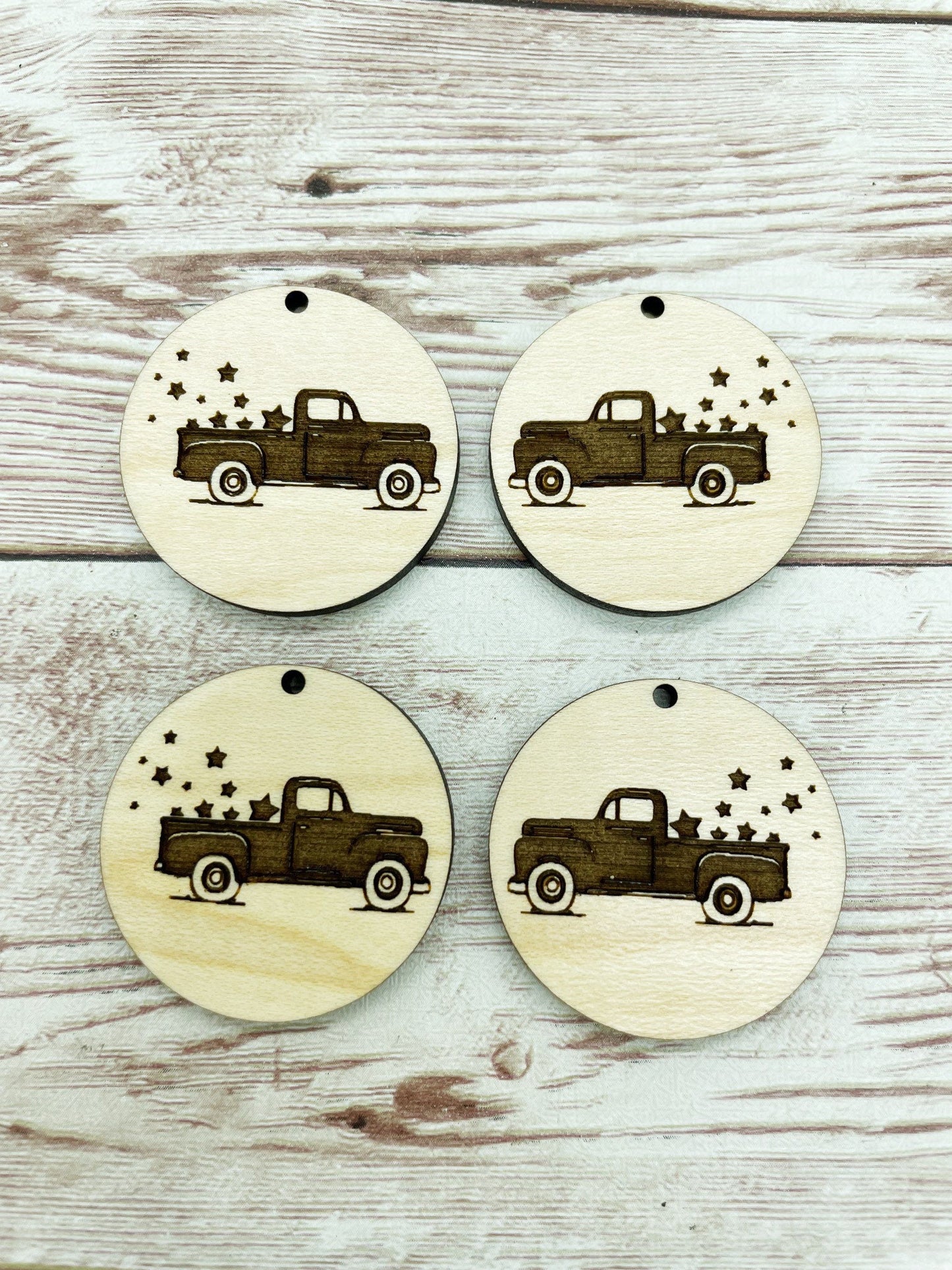 Wood Engraved July Vintage Truck Stars Earring Blanks, Finished Maple Blank, DIY Jewelry Making