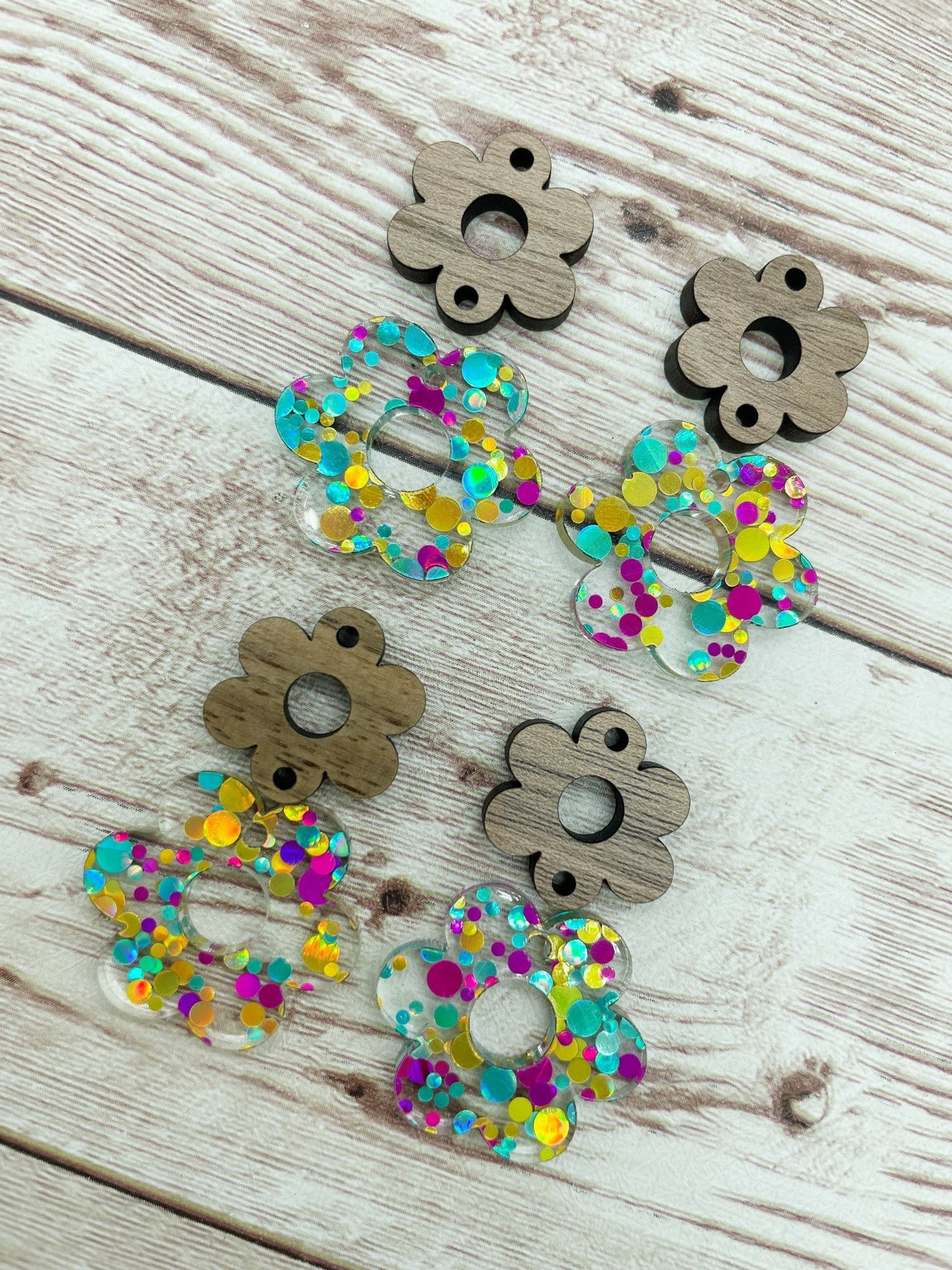 Glitter Dot Flower and Wood Flower Connector Set Earring Blanks, DIY Jewelry Making