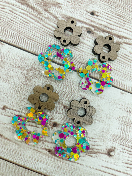 Glitter Dot Flower and Wood Flower Connector Set Earring Blanks, DIY Jewelry Making