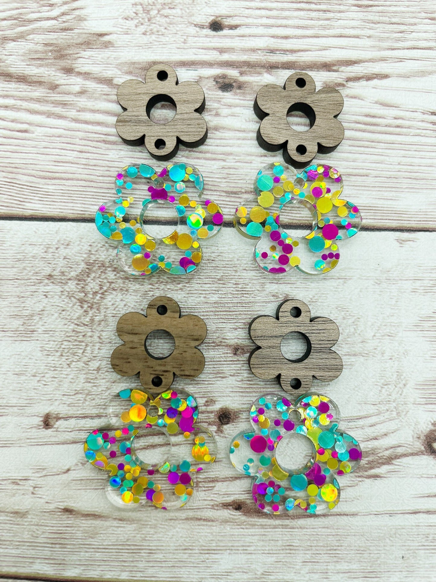 Glitter Dot Flower and Wood Flower Connector Set Earring Blanks, DIY Jewelry Making