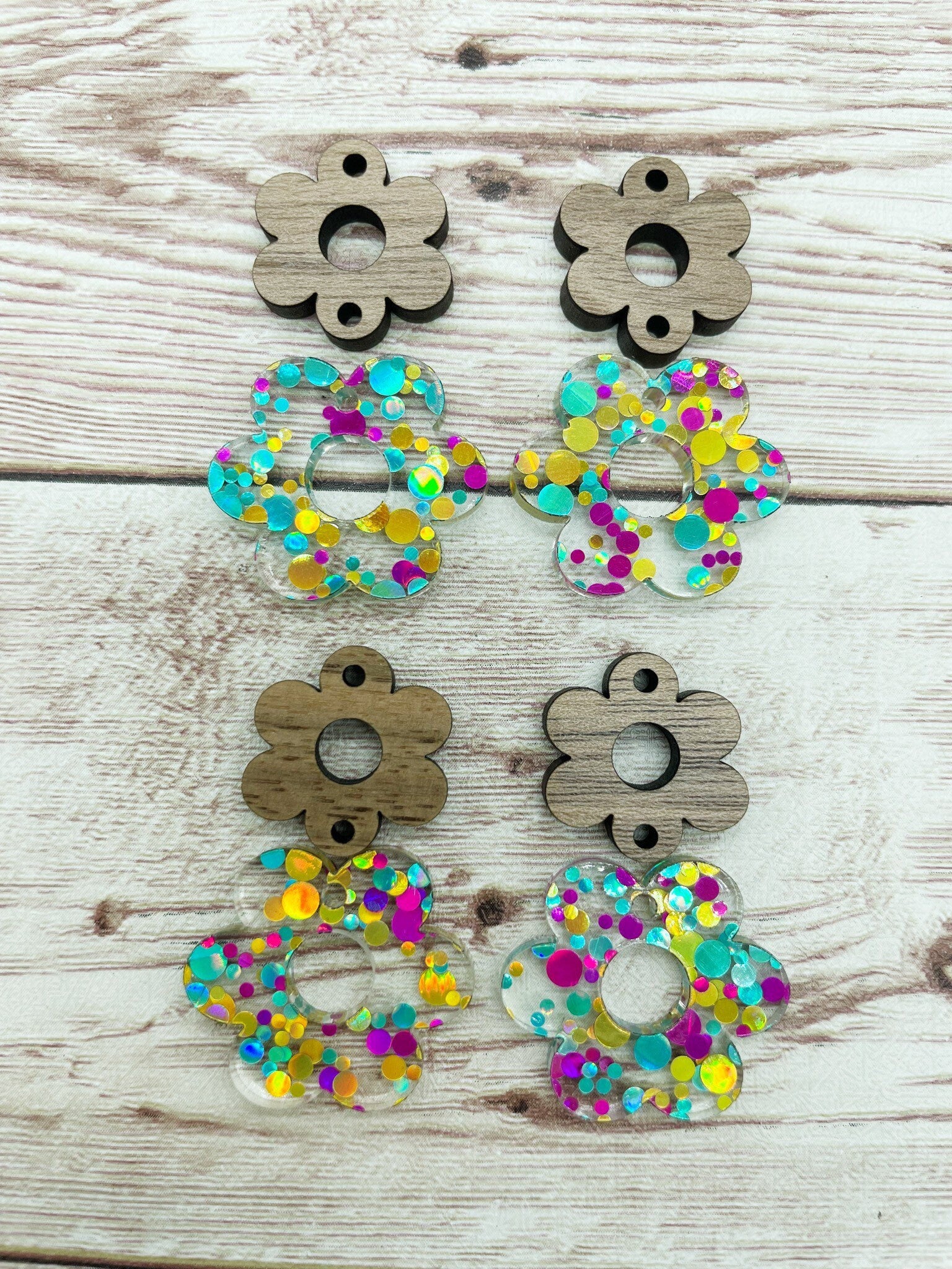 Glitter Dot Flower and Wood Flower Connector Set Earring Blanks, DIY Jewelry Making