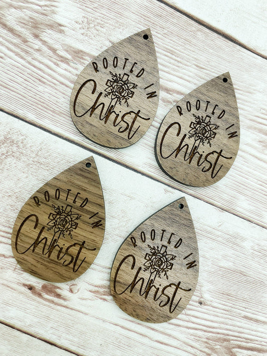 Wood Teardrop Engraved Rooted in Christ Earring Blanks, Finished Walnut Blank, DIY Jewelry Making