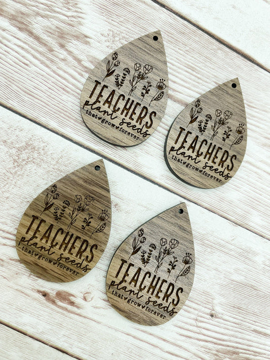 Wood Teardrop Engraved Teachers Plant Seeds Earring Blanks, Finished Walnut Blank, DIY Jewelry Making