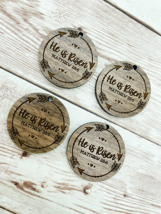 Wood Circle Engraved He is Risen Arrows Earring Blanks, Finished Walnut Blank, DIY Jewelry Making