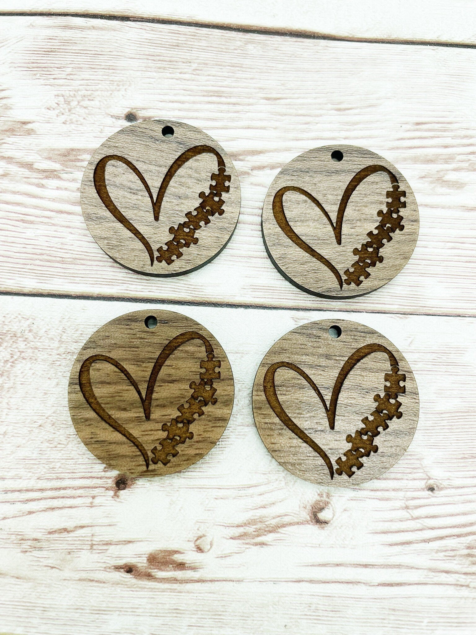 Wood Circle Engraved Autism Puzzle Piece Heart Earring Blanks, Finished Walnut Blank, DIY Jewelry Making