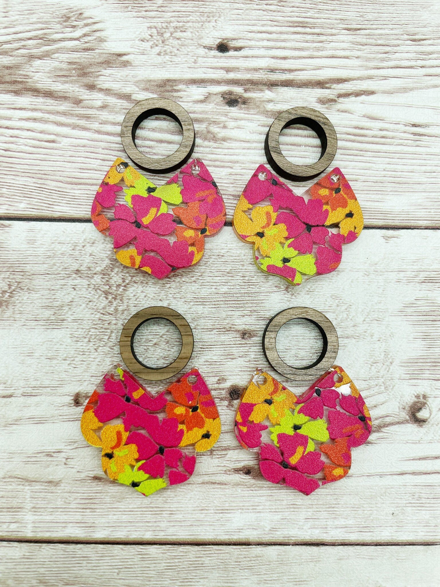 Patterned Bright Floral Intricate Bottom Acrylic and Wood Circle Earring Blanks, DIY Jewelry Making