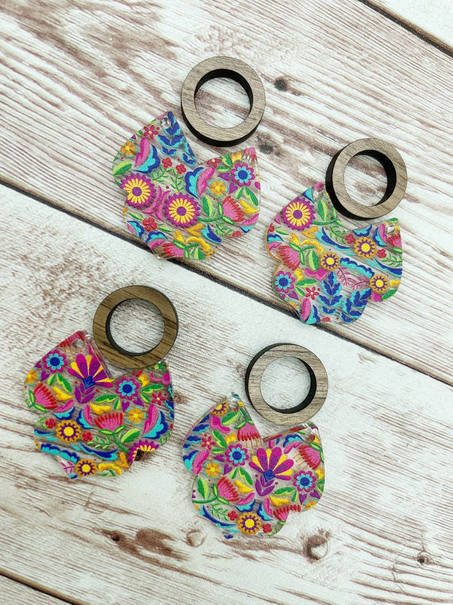 Patterned Traditional Mexican Floral Intricate Bottom Acrylic and Wood Circle Earring Blanks, DIY Jewelry Making