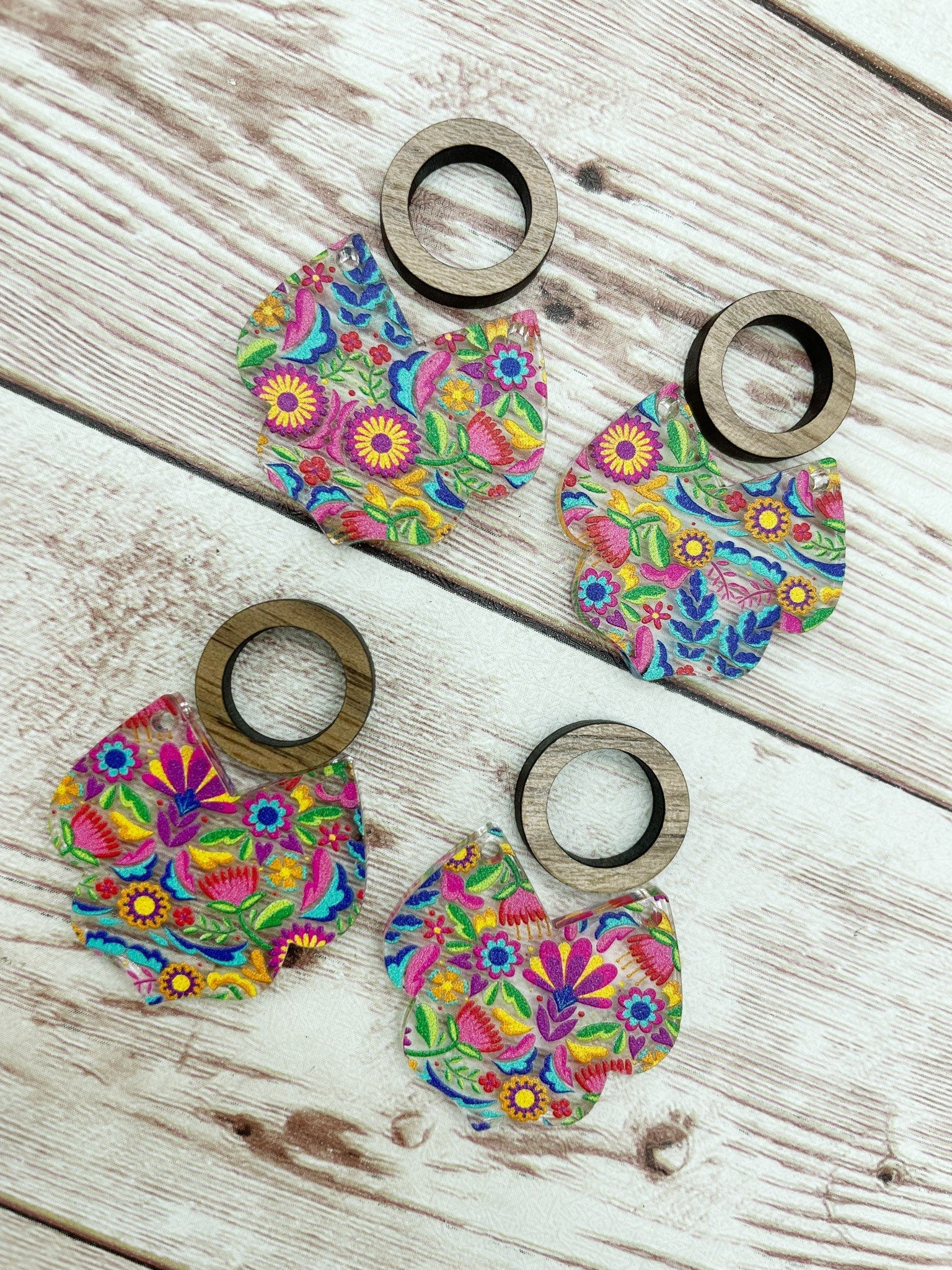 Patterned Traditional Mexican Floral Intricate Bottom Acrylic and Wood Circle Earring Blanks, DIY Jewelry Making