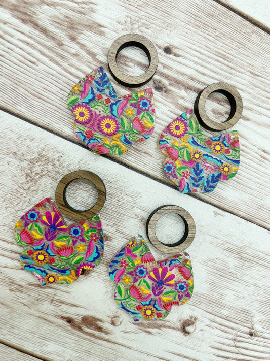 Patterned Traditional Mexican Floral Intricate Bottom Acrylic and Wood Circle Earring Blanks, DIY Jewelry Making