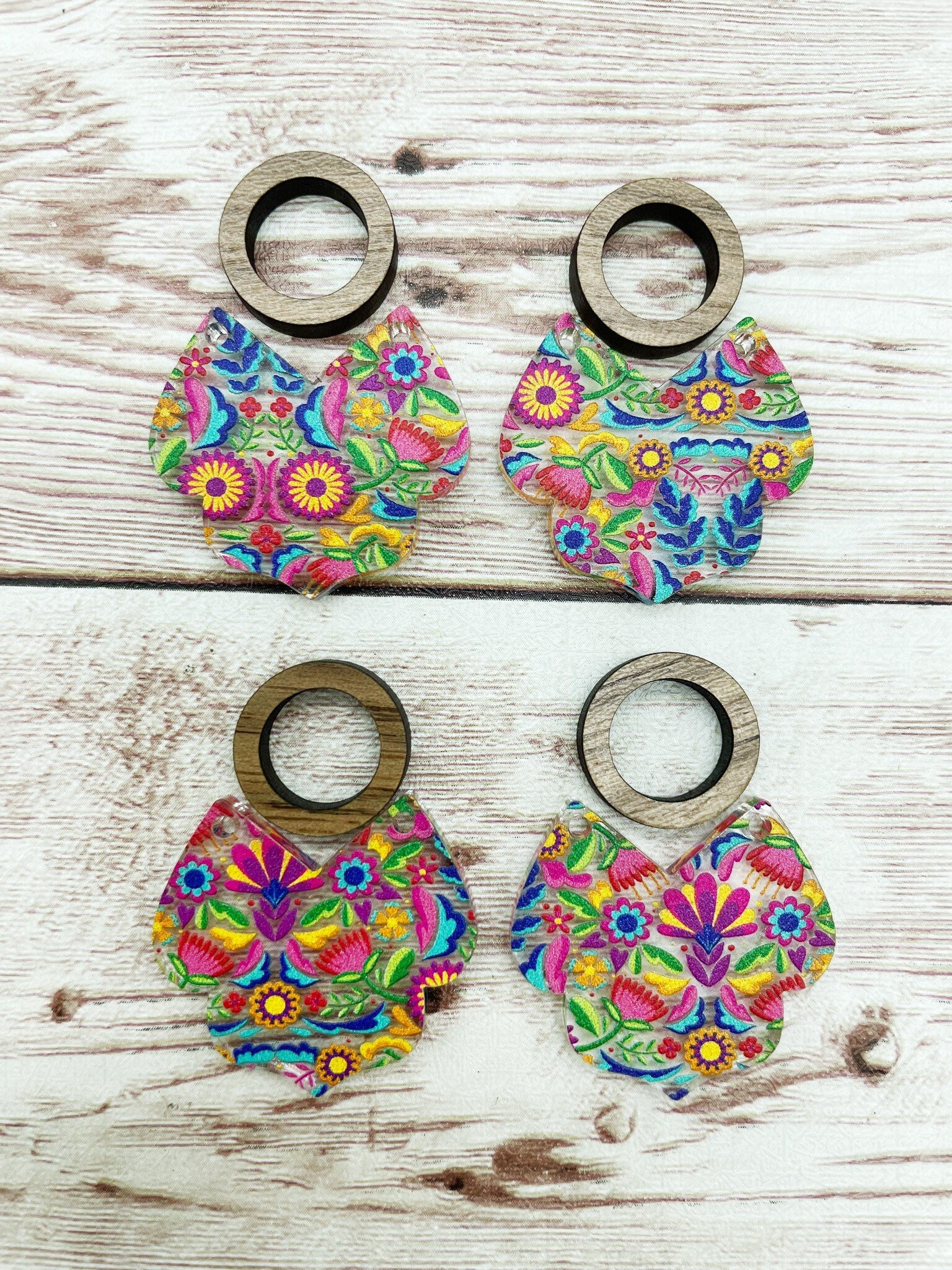 Patterned Traditional Mexican Floral Intricate Bottom Acrylic and Wood Circle Earring Blanks, DIY Jewelry Making