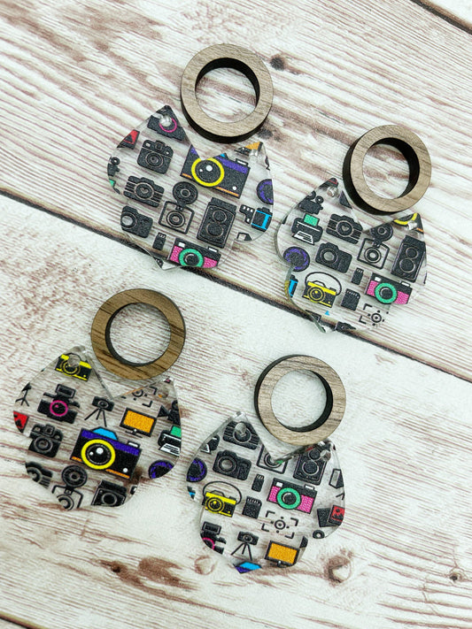 Patterned Camera Photographer Intricate Bottom Acrylic and Wood Circle Earring Blanks, DIY Jewelry Making