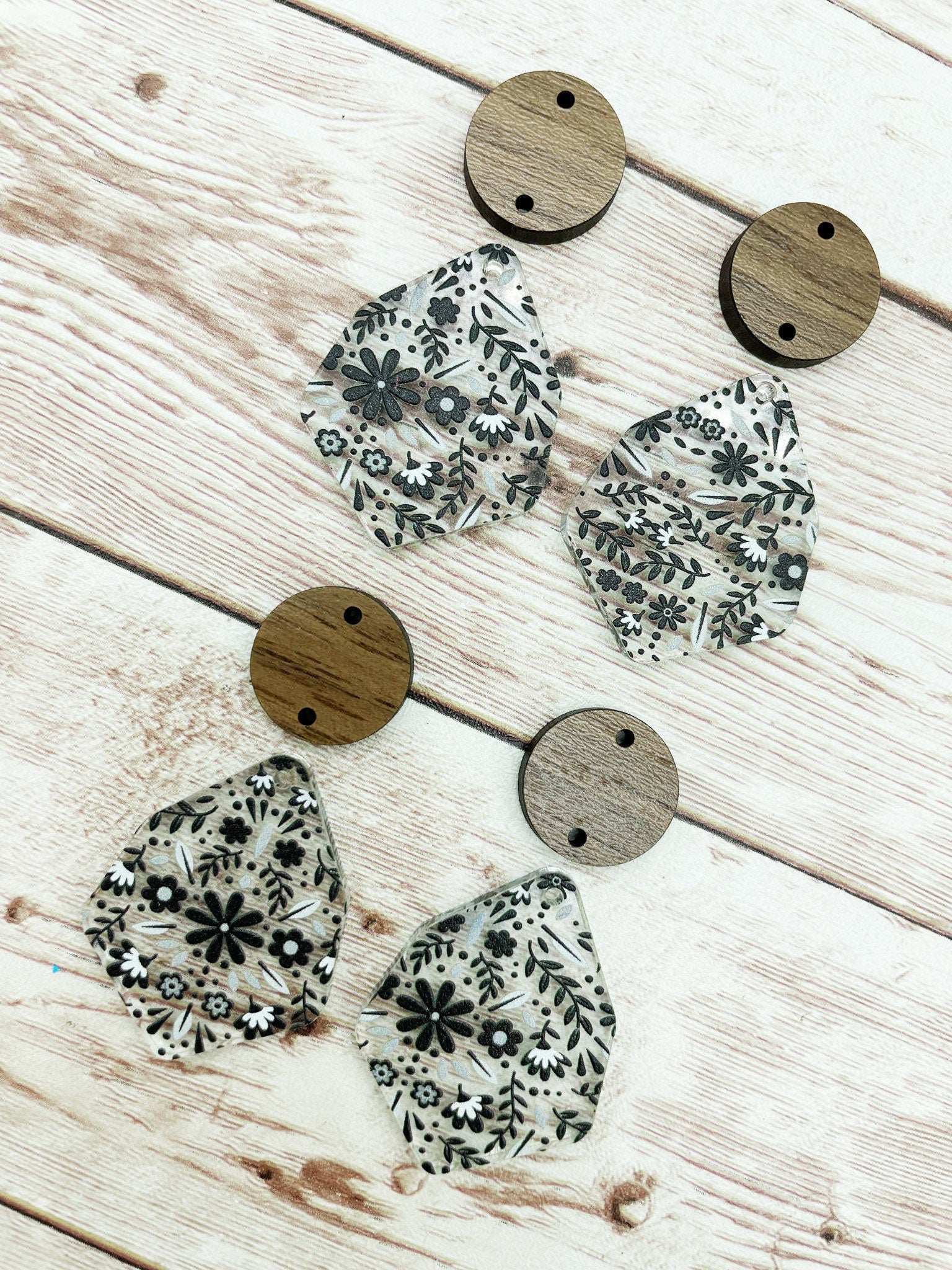 Patterned Grey Floral and Wood Circle Set Earring Blanks, DIY Jewelry Making