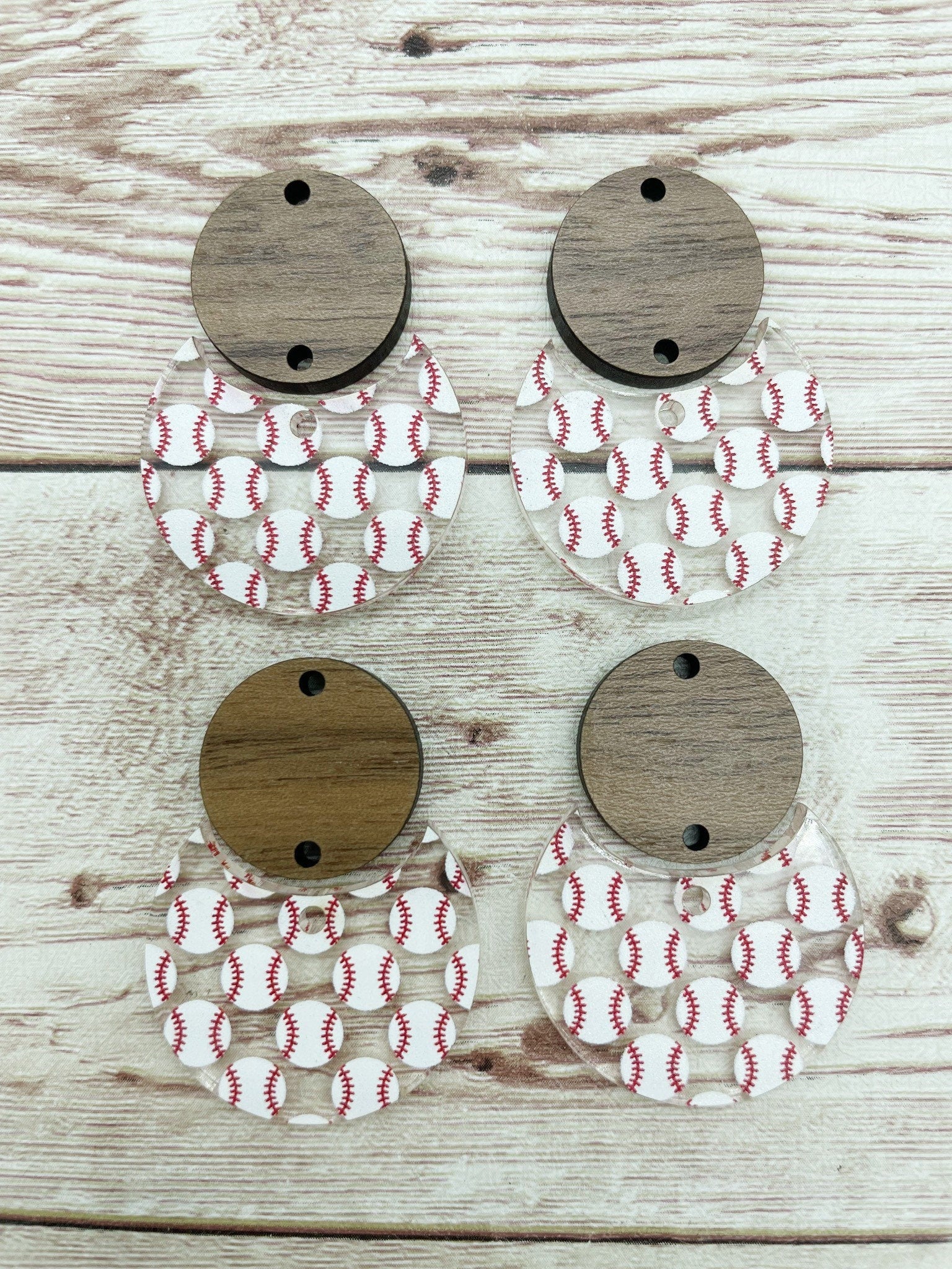 Patterned Baseball Acrylic and Wood Circle Set Earring Blanks, DIY Jewelry Making