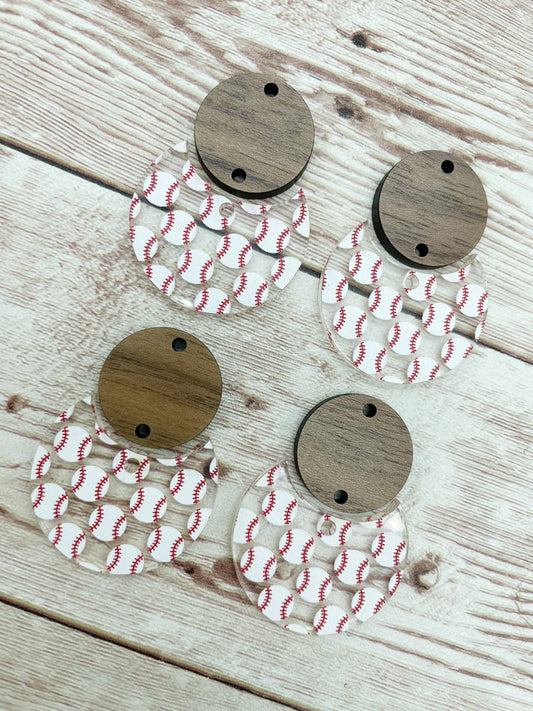 Patterned Baseball Acrylic and Wood Circle Set Earring Blanks, DIY Jewelry Making