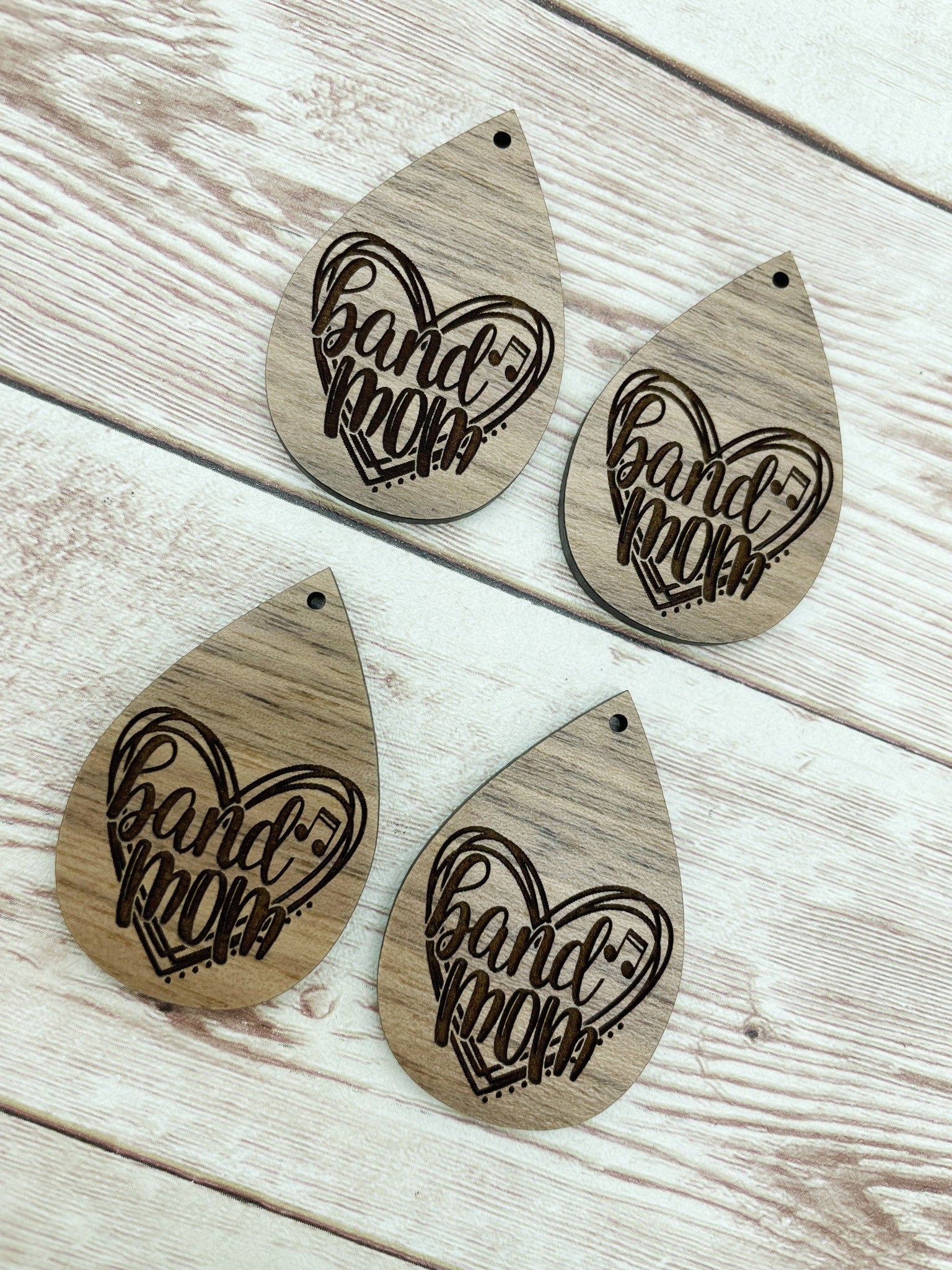 Wood Engraved Band Mom Heart Earring Blanks, Finished Walnut Blank, DIY Jewelry Making