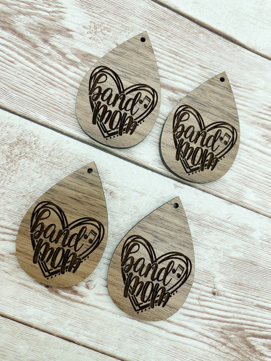 Wood Engraved Band Mom Heart Earring Blanks, Finished Walnut Blank, DIY Jewelry Making