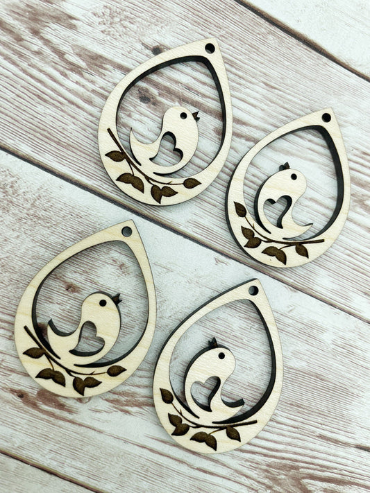 Wood Engraved Song Bird Teardrop Earring Blanks, Finished Maple Blank, DIY Jewelry Making