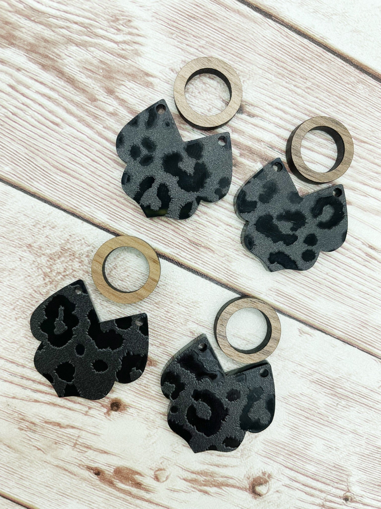 Black Leopard Print Intricate Bottom Acrylic and Wood Circle Earring Blanks, DIY Jewelry Making
